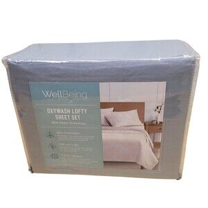 WELLBEING OXYWASH LOFTY 300 THREAD COUNT KING SHEET SET BLUE STEAM TEGHNOLOGY